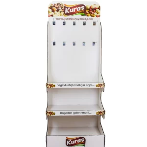 Askılı raflı ahşap stand – karşıdan görünüm