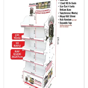 Çift yönlü ahşap stand – ölçülü teknik görünüm