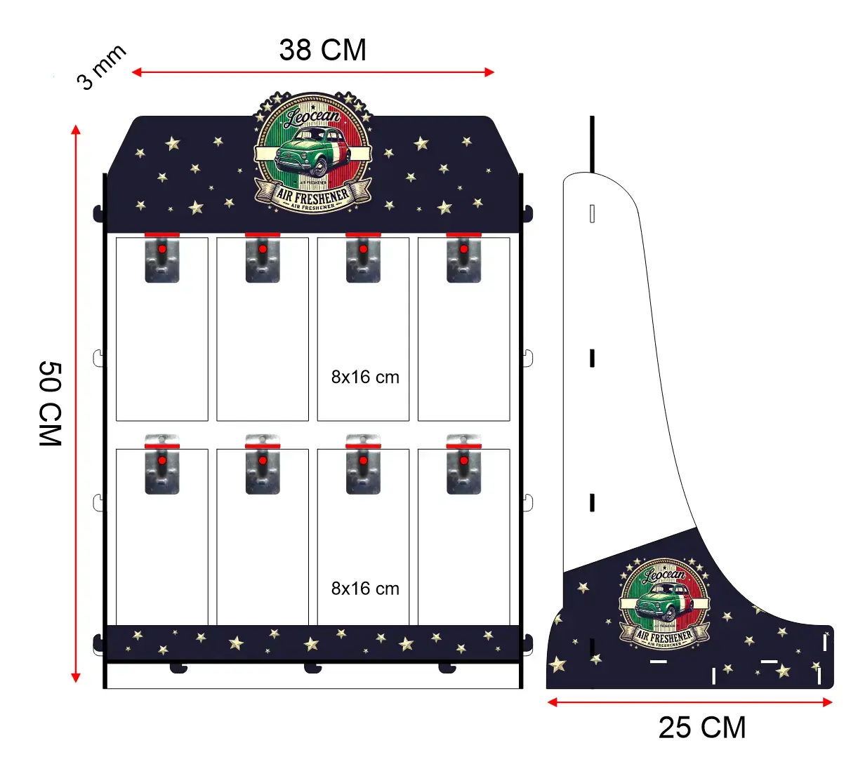 Askılı masaüstü ahşap stand – teknik eskiz çizimi